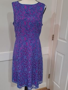 Adrianna Papell Sleeveless Blue-Purple Lace A-Line Dress - Size 14